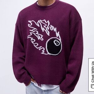 PacSun Burgundy Magic 8 ball - Distressed Crew Neck Sweater, Eight Ball, size S